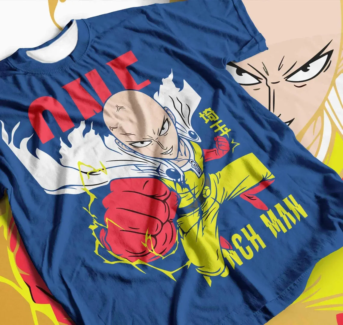 A loose-fit Saitama T-Shirt featuring a high saturation 3D print of the Critical Pose and color-blocked design for One Punch Man fans.