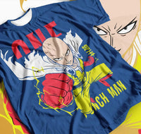 A loose-fit Saitama T-Shirt featuring a high saturation 3D print of the Critical Pose and color-blocked design for One Punch Man fans.