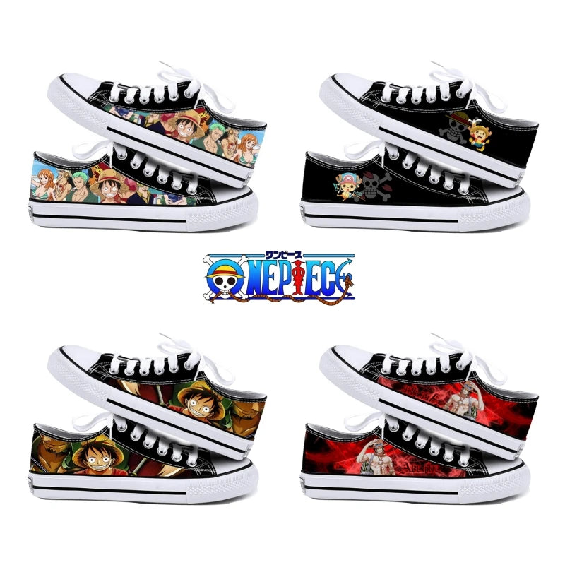 One Piece Anime Low Top Canvas Sneakers featuring designs of characters and motifs from the series.