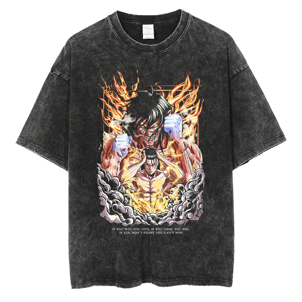 A vintage-washed Eren Jaeger T-Shirt featuring a gritty Attack on Titan manga graphic, styled as oversized Harajuku streetwear for men and women.