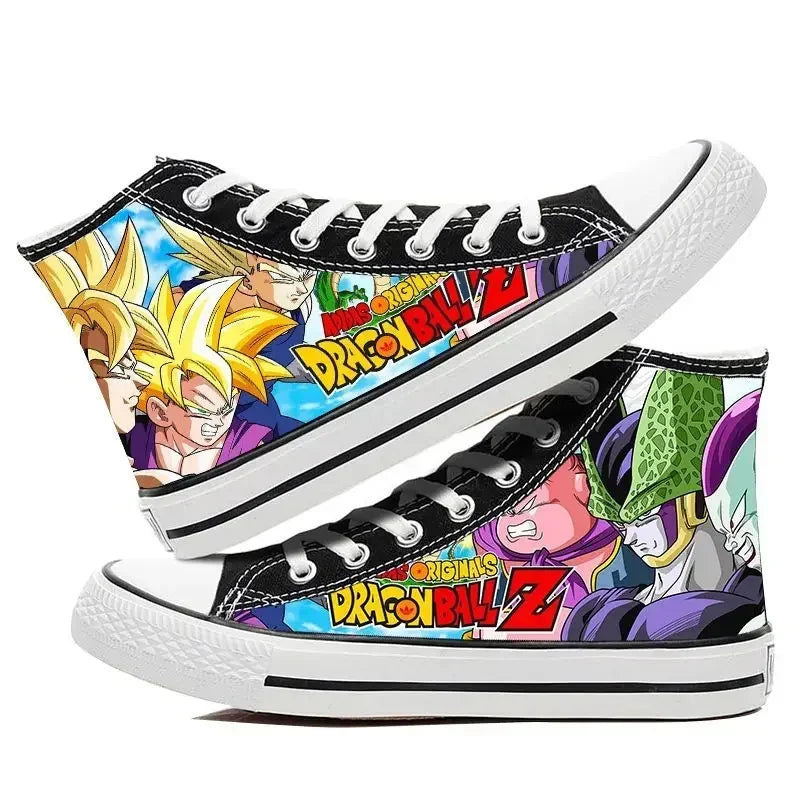 A pair of hot Dragon Ball Goku Canvas Shoes, anime fashion sneakers with a graffiti design for men, women, teenagers, and students.
