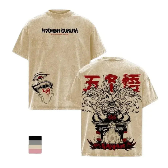 Ryomen Sukuna Manga Y2K Vintage Washed T-Shirt featuring detailed graphic design on front and back.