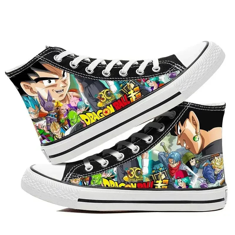 A pair of hot Dragon Ball Goku Canvas Shoes, anime fashion sneakers with a graffiti design for men, women, teenagers, and students.