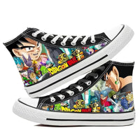 A pair of hot Dragon Ball Goku Canvas Shoes, anime fashion sneakers with a graffiti design for men, women, teenagers, and students.
