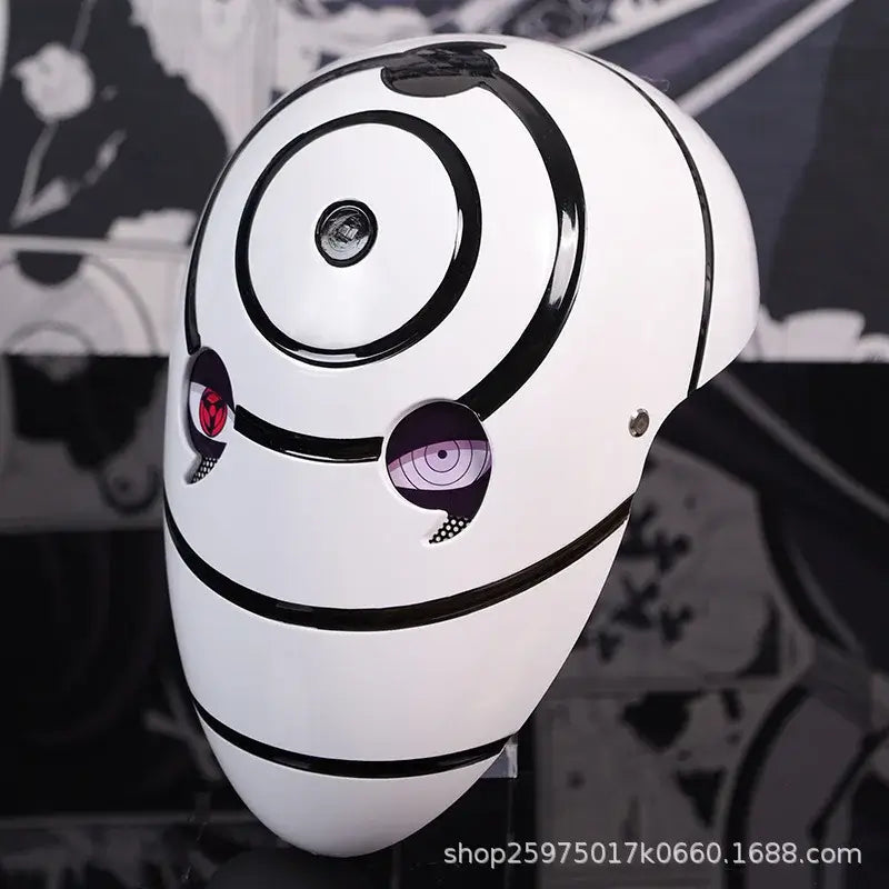 Obito Cosplay Mask: High Gloss Akatsuki Anime Prop with intricate design and vibrant eye details, perfect for cosplay events.