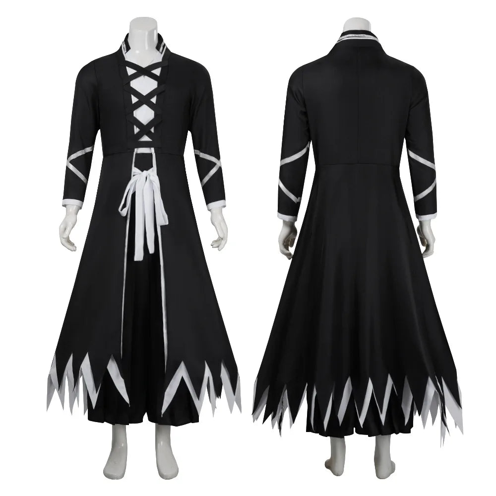 Kurosaki Ichigo Cosplay Costume complete display featuring overcoat, inner vest, pants, and white waist belt.