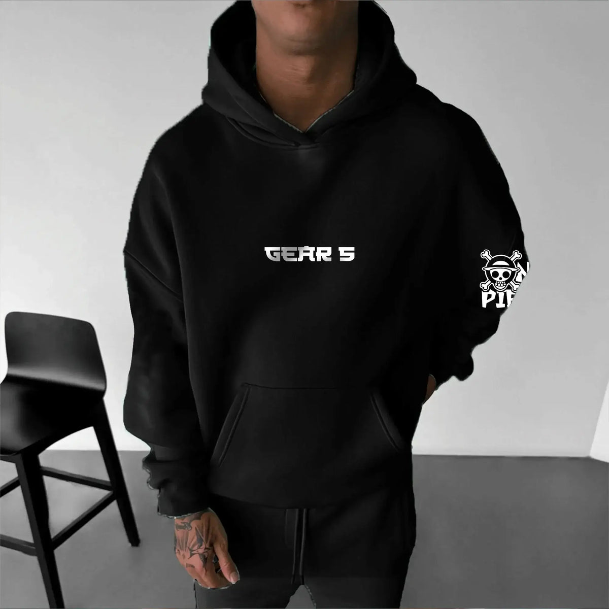 A men's cotton One Piece Luffy Gear 5 Nika Black Hoodie, suitable for casual autumn and winter streetwear fashion or anime cosplay.