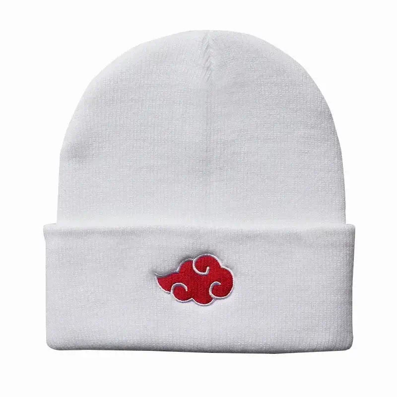 A black knitted Akatsuki Beanie featuring the red cloud embroidery symbol, designed as a warm unisex winter hat for men and women.