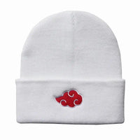 A black knitted Akatsuki Beanie featuring the red cloud embroidery symbol, designed as a warm unisex winter hat for men and women.