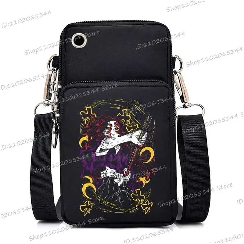 A trendy Demon Slayer Phone Bag featuring anime art of Nezuko Kamado and Mitsuri Kanroji, designed as a Harajuku mini crossbody purse for women and men.