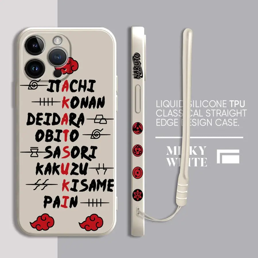 A black Akatsuki Cloud Phone Case featuring the red cloud symbol pattern, compatible with Apple iPhone 16, 15, 14 Pro Max, and 13.