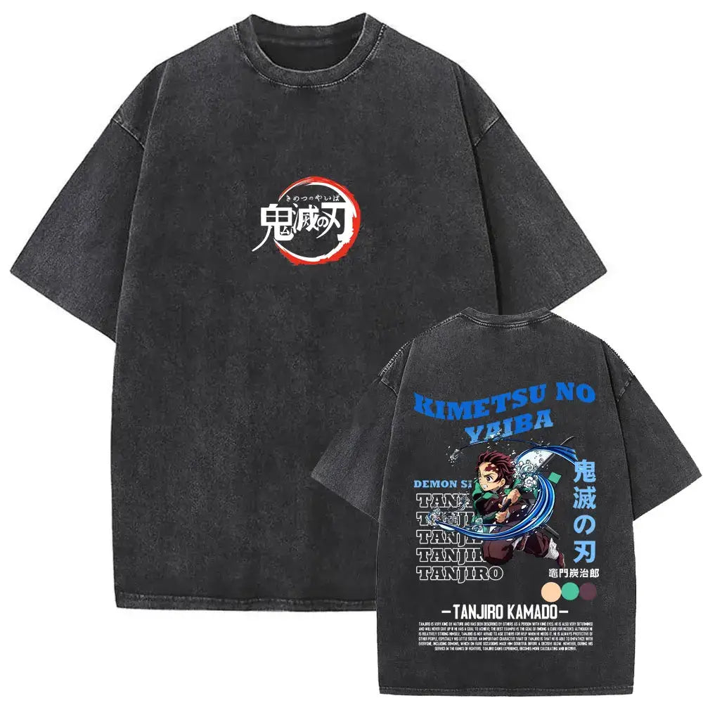 A vintage washed Demon Slayer Daki Graphic T-shirt with a cherry blossom design, an oversized casual cotton tee for men and women.