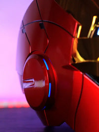 A wearable AutoKing Iron Man Helmet (Mk5) featuring voice-controlled opening face plates and glowing LED eyes for adult cosplay and display.