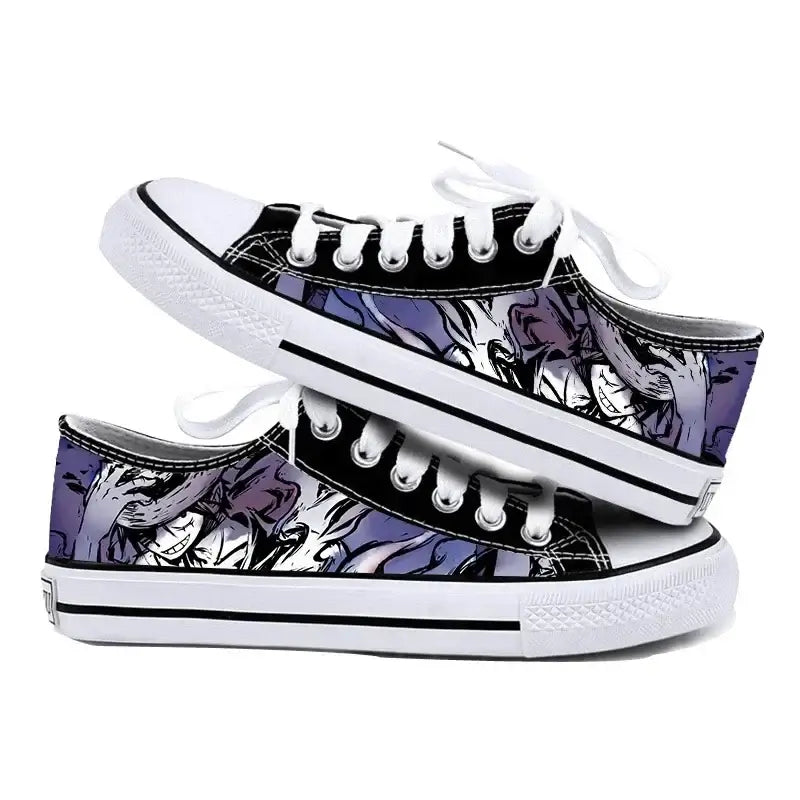 Trendy One Piece Canvas Shoes featuring Riman printed anime art, designed as breathable low-top flat sneakers for boys, girls, and couples.