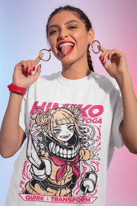 A kawaii Himiko Toga T-Shirt featuring graphic anime art of the My Hero Academia villain, designed as a cute girl shirt for all sizes.