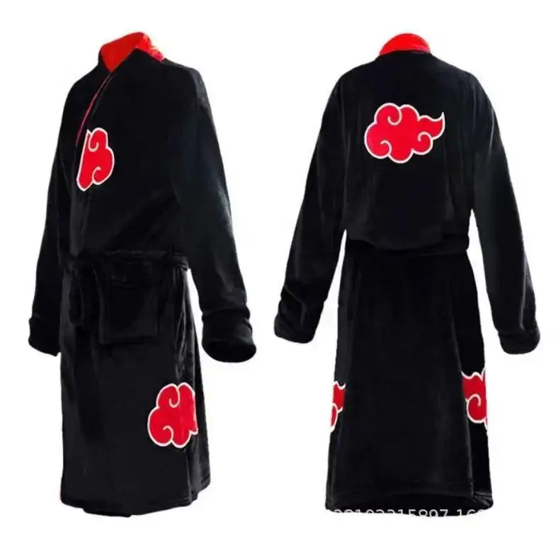 A thick flannel Naruto Akatsuki Robe featuring red clouds and Uchiha Itachi anime styling, designed as a thermal winter bathgown for young adults.