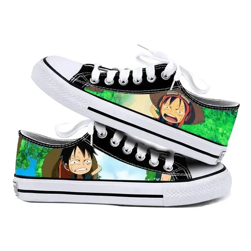 Trendy One Piece Canvas Shoes featuring Riman printed anime art, designed as breathable low-top flat sneakers for boys, girls, and couples.