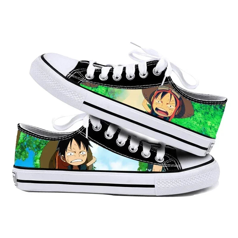 One Piece Anime Low Top Canvas Sneakers flat lay pair printed anime canvas couple birthday gift