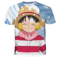 A 3D printed One Piece Luffy T-Shirt featuring a dynamic cartoon cosplay graphic of Monkey D. Luffy for boys' summer fashion.