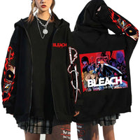 A unisex Bleach Zip Up Hoodie featuring 3D cosplay prints of Kurosaki Ichigo, Kyoraku Shunsui, and Hitsugaya Toshiro for anime fans.