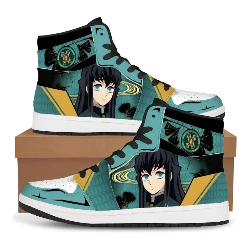 High-top Demon Slayer Sneakers featuring Tanjiro Kamado and Nezuko Kamado anime designs, styled as fashionable basketball shoes for men and women.
