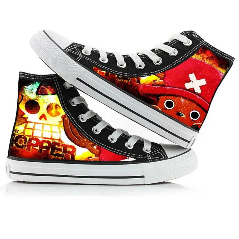 Trendy One Piece High-Top Canvas Shoes featuring creative anime pictures of Luffy, Zoro, Ace, and Chopper for men and women.