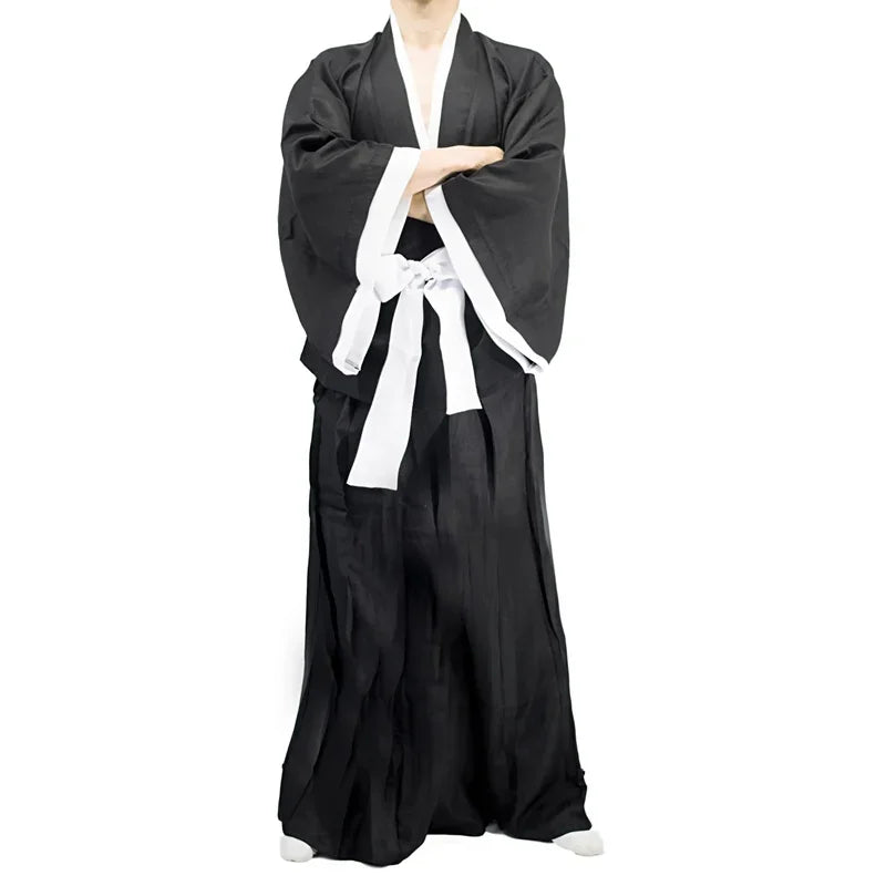 A complete Bleach Kuchiki Rukia Cosplay costume featuring the black Shinigami Shihakusho kimono and white sash, perfect for Thousand-Year Blood War reenactments.
