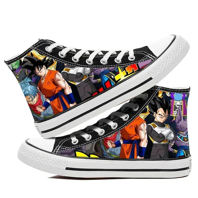 A pair of hot Dragon Ball Goku Canvas Shoes, anime fashion sneakers with a graffiti design for men, women, teenagers, and students.
