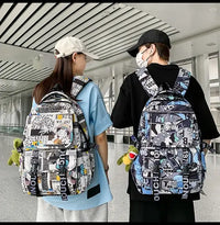 A high-capacity One Piece Luffy Backpack featuring a vibrant graffiti print of Monkey D. Luffy, designed as a durable school bag for middle and high students.