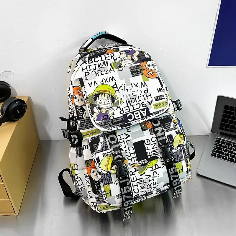 A high-capacity One Piece Luffy Backpack featuring a vibrant graffiti print of Monkey D. Luffy, designed as a durable school bag for middle and high students.