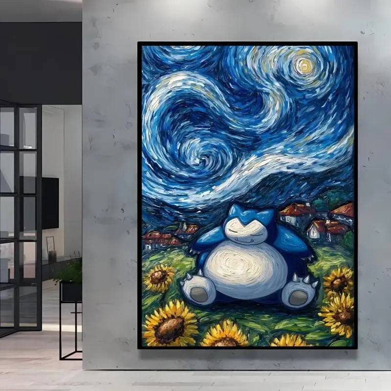 A stunning Van Gogh Pokemon Wall Art piece featuring Pikachu painted in a Starry Night impressionist style for unique home decoration.
