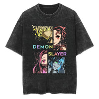 Demon Slayer T-Shirt Washed Tanjiro Nezuko vintage-washed cotton anime graphic tee Zenitsu Inosuke Kimetsu No Yaiba unisex adults kids front view