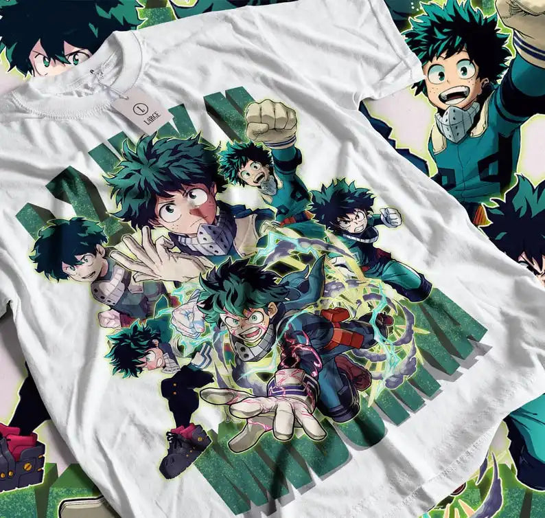A trendy Midoriya Izuku T-Shirt made of 100% cotton, featuring Fire Style Deku graphic art for unisex Japanese fashion.