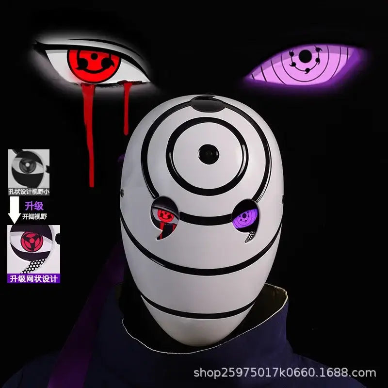 A highly imitative, high-gloss Obito Cosplay Mask featuring the Akatsuki Sharingan design for anime Halloween costumes and conventions.