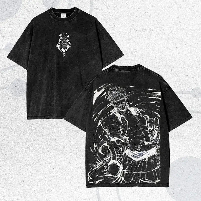 Ichigo Kurosaki Ink Sketch Kanji Double-Sided T-Shirt featuring vintage wash and oversized style.