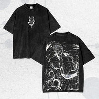Ichigo Kurosaki Ink Sketch Kanji Double-Sided T-Shirt featuring vintage wash and oversized style.