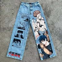 Trendy Y2K Anime Baggy Jeans featuring a Harajuku graphic print pattern, designed as high-waisted vintage streetwear for men and women.
