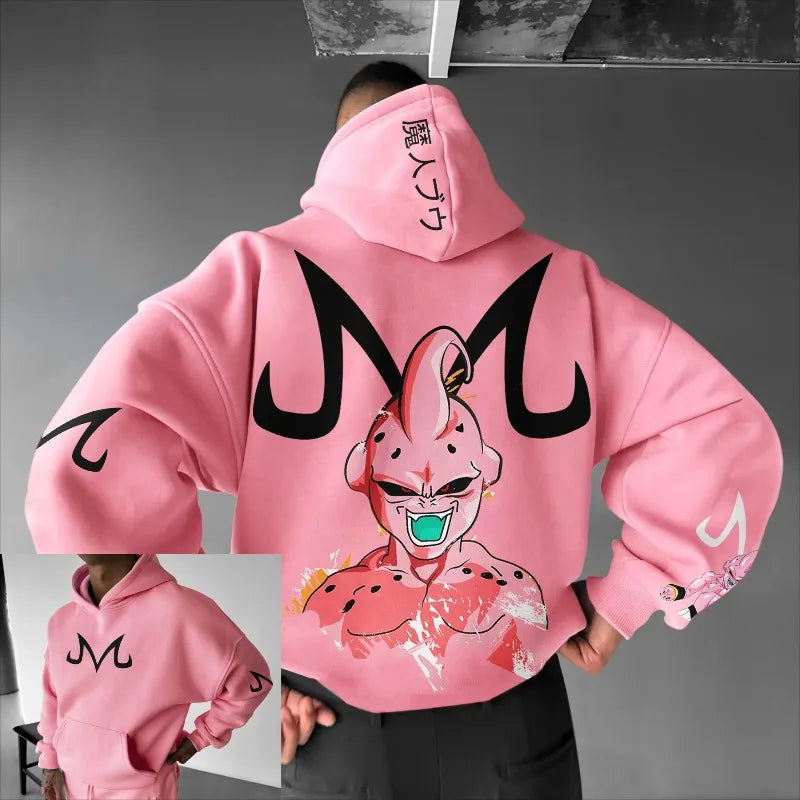 Dragon Ball Majin Buu Pink Oversized Hoodie kawaii anime cotton fashion black horns green teeth