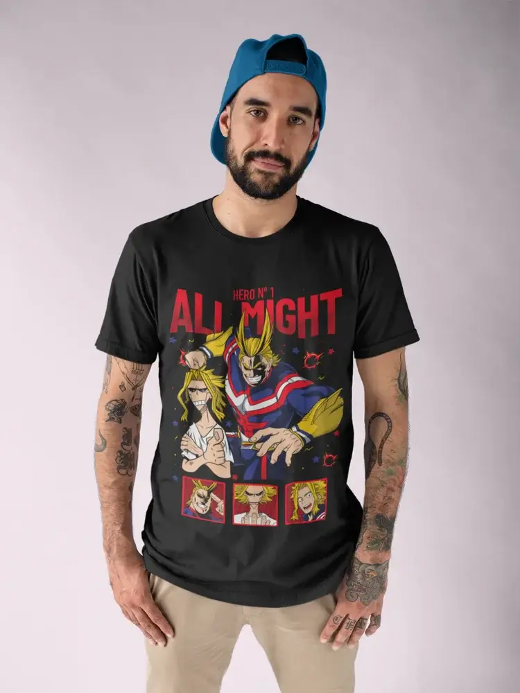A premium All Might T-shirt featuring a manga armor strip graphic of All Might and Hawks, designed as a gift for My Hero Academia fans.