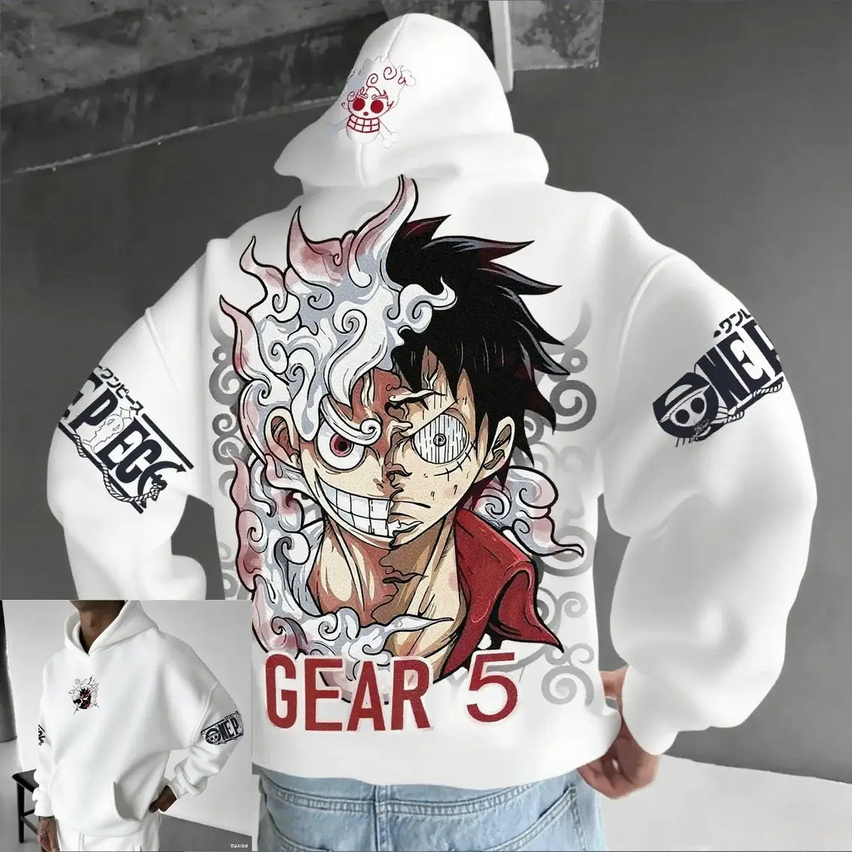 A streetwear One Piece Luffy Gear 5 Nika Anime Hoodie, a casual pullover for men and women's autumn and winter cosplay.