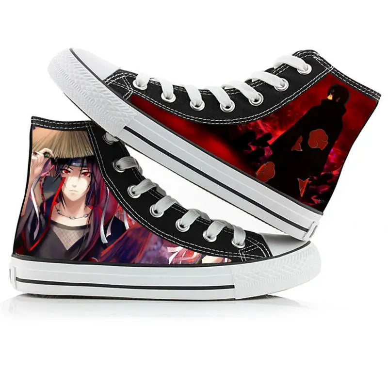 Trendy high-top Naruto Canvas Shoes featuring cool graffiti personality prints of Sasuke Uchiha, Itachi, and Kakashi for men and women.
