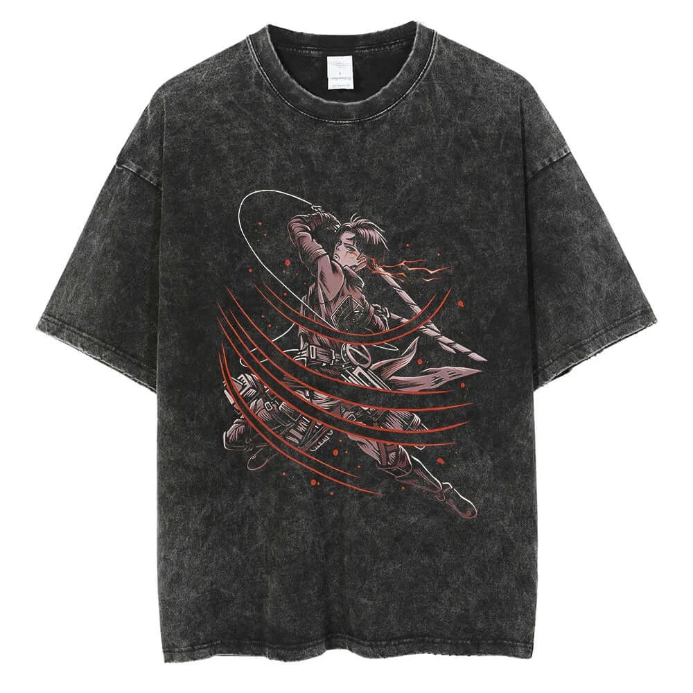 A vintage-washed Eren Jaeger T-Shirt featuring a gritty Attack on Titan manga graphic, styled as oversized Harajuku streetwear for men and women.