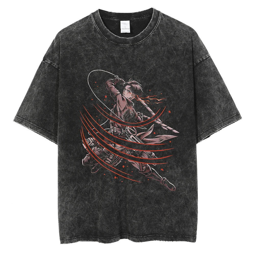 A vintage-washed Eren Jaeger T-Shirt featuring a gritty Attack on Titan manga graphic, styled as oversized Harajuku streetwear for men and women.