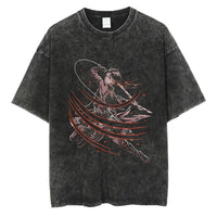 A vintage-washed Eren Jaeger T-Shirt featuring a gritty Attack on Titan manga graphic, styled as oversized Harajuku streetwear for men and women.