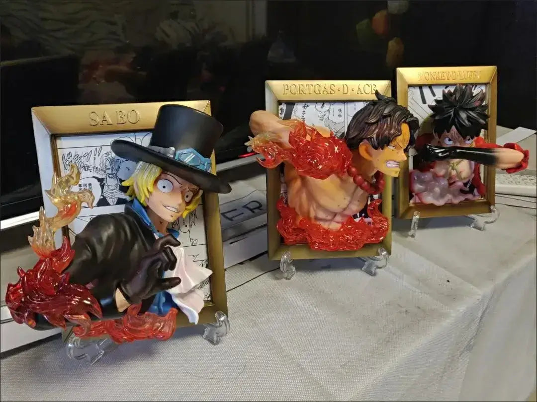 A large, handmade One Piece Three Brothers Statue featuring a 3D photo frame design with young Luffy, Ace, and Sabo for desktop decoration.