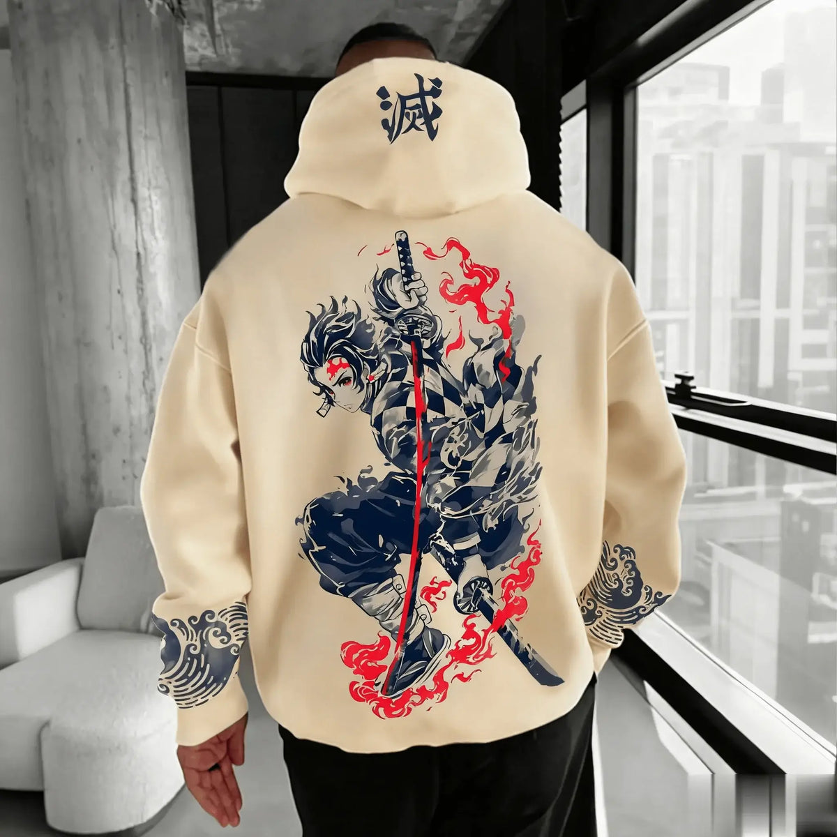 A trendy oversized Demon Slayer Hooded Sweatshirt featuring colorful anime character graphics, designed as casual autumn streetwear for men and women.