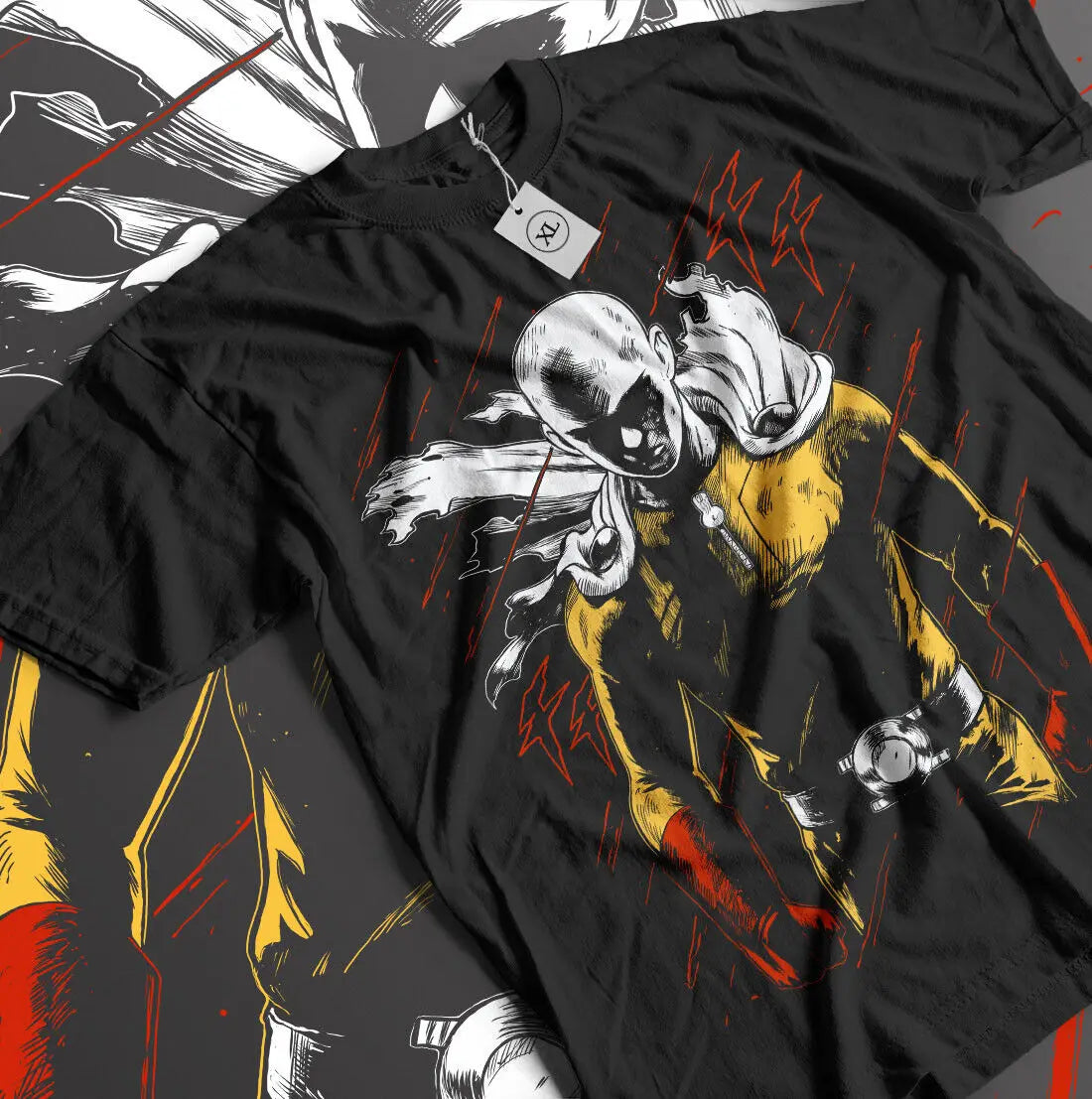 A black Saitama T-Shirt featuring a gritty horror manga graphic of the One Punch Man protagonist, styled as unisex streetwear.