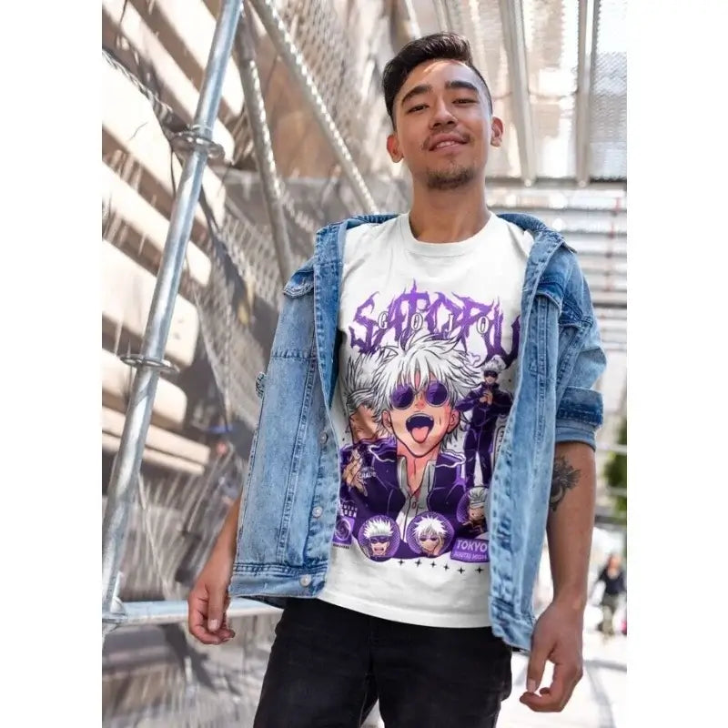 A trendy oversized Gojo Satoru T-Shirt featuring a funny horror graphic of Mahito from Jujutsu Kaisen, designed as anime streetwear.