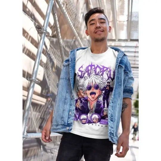 A trendy oversized Gojo Satoru T-Shirt featuring a funny horror graphic of Mahito from Jujutsu Kaisen, designed as anime streetwear.