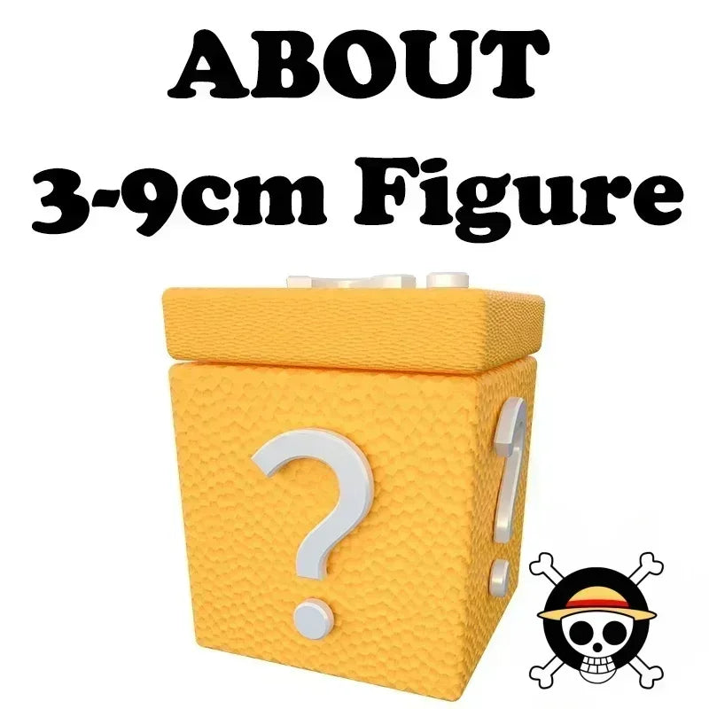 A One Piece Mystery Box containing a random collectible action figure ranging from 10cm to 30cm, featuring Luffy Gear 5 and Yonko silhouettes.